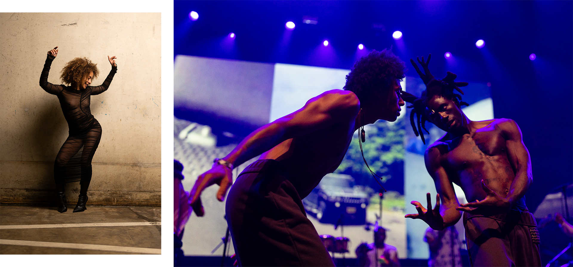 Two photos. The first photo shows Hannah Elsisi. She is standing in front of a wall in a black dress with her hands in the air. She's smiling and dancing. The second photo shows two dancers on stage. On the background you see musical performers.